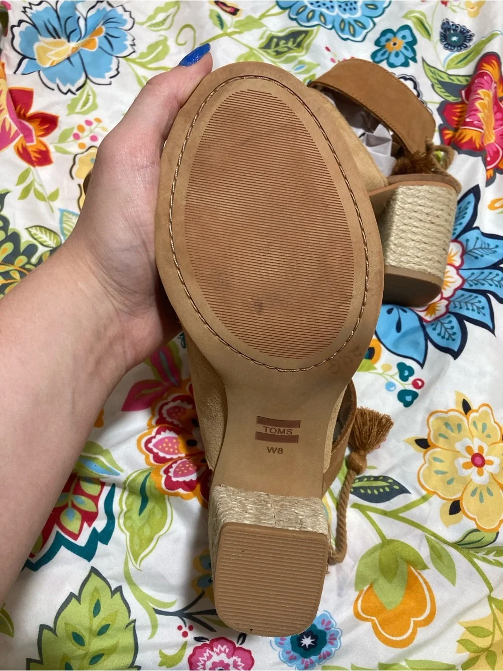 TOMS Women's Size 8M Tan Suede Peep Toe Block Heel Seville Espadrilles
